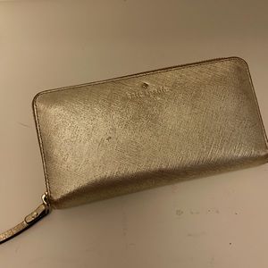 Kate Spade zippered wallet, gold metallic leather